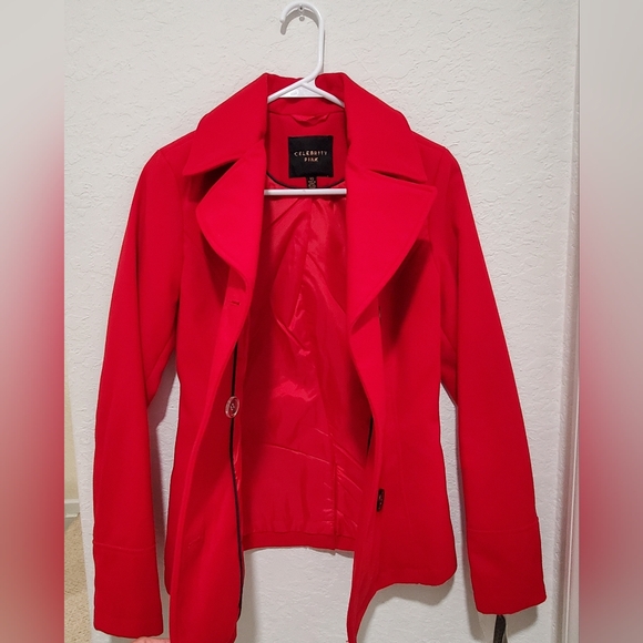 Celebrity Pink Double Breast Pea Coat In Vibrant Red Junior Size XS New W/tags - Picture 6 of 7